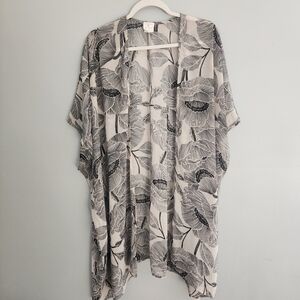Women's Sheer Floral Kimono Cover Up With Gold Accent Stripes